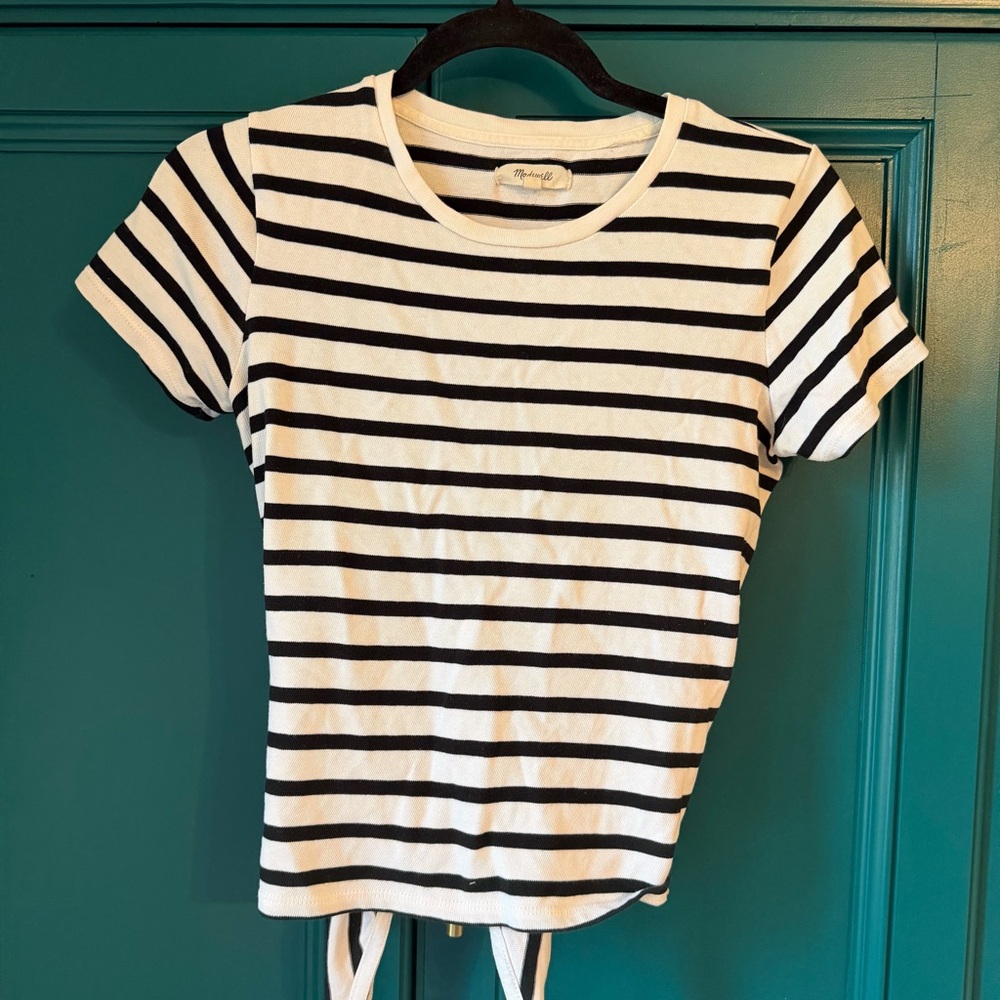 Madewell Black and White Striped Short Sleeve Tee w Tie Back XXS fit Sz Small